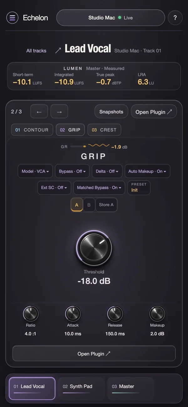 Echelon Remote on iPhone: GRIP's quick controls on the Lead Vocal track
