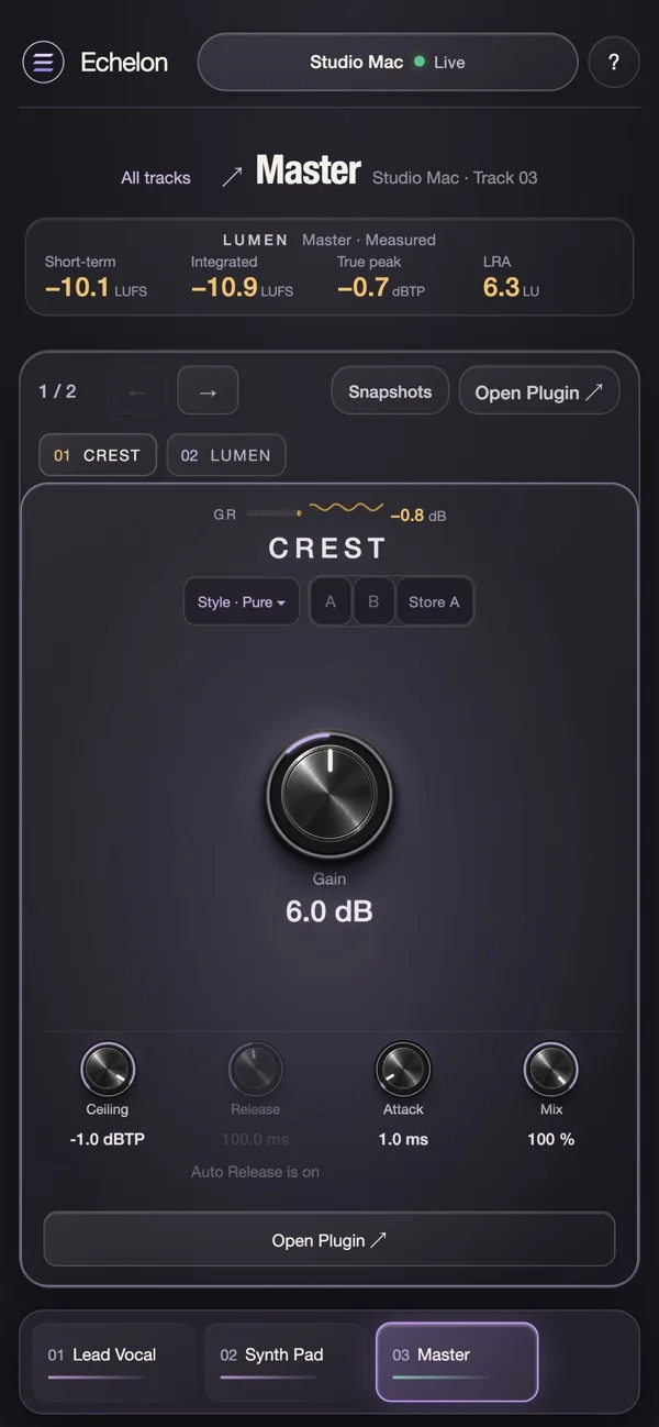 Echelon Remote on iPhone: CREST on the Master track