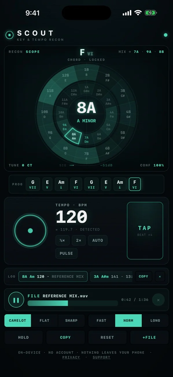 SCOUT on iPhone: a Camelot wheel locked on 8A, A minor, at 120 BPM